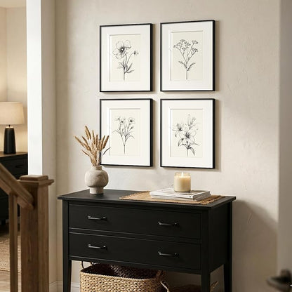 Framed Vintage Botanical Wall Art Set, 4 Piece Minimalist Black and White Floral Prints Artwork for Walls, Neutral Flower Pictures for Modern Farmhouse Bedroom Living Room Bathroom Wall Decor, 12x16