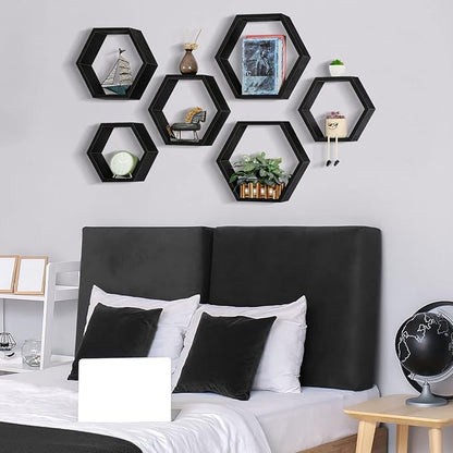YBING Hexagon Floating Shelves Black Hexagon Shelves for Wall Wood Farmhouse Storage Honeycomb Shelves Set of 6 Hexagon Wall Mounted Home Decor Storage Shelves for Living Room Bedroom Office