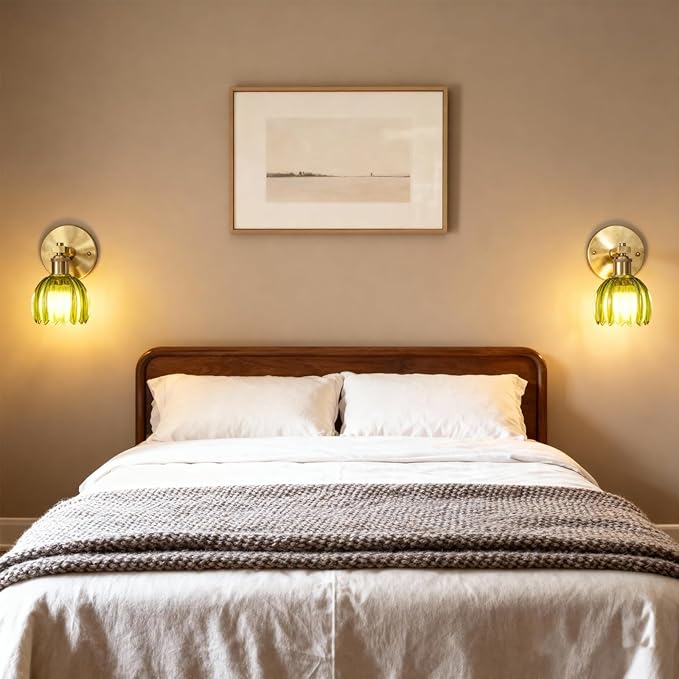 Wall Sconces Set of Two, Battery Operated Wall Light with Remote, Wireless Rechargeable Wall Sconce, 12 Colors & Dimmable, Scalloped Green Glass Shade, Vintage Brass Wall Lamp for Bedroom, Living Room