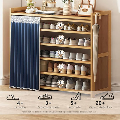 6-Tier Free Standing Shoe Racks, Shoe Rack with Cover, Bamboo Wood Shoe Rack for Entryway & Closet, Holds up to 24 Pairs of Shoes