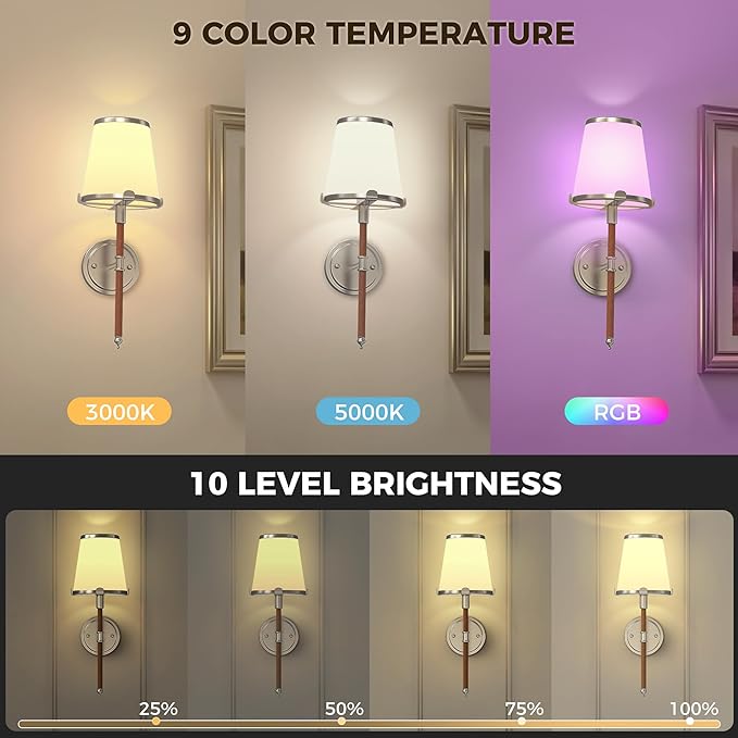 DORESshop Battery Operated Wall Sconce Set of 2, Wireless Wall Light Easy to Install, 7 Color Rechargeable Wall Sconces, Sconce Wall Decor Set of 2 for Bedroom, Living Room, Chrome and Leather, 18.7in