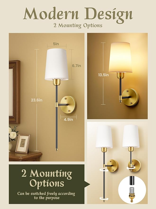 Battery Operated Wall Sconces Set of 2, Black Gold Cordless Wall Lights with Rechargeable Magnetic Bulbs and Remote, Dimmable & 15 RGB Colors Wall Lamps for Bedroom Living Room Hallway 23Inch