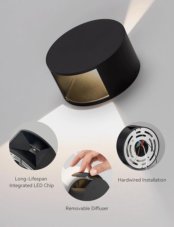 Tubicen LED Wall Sconces Set of 2 Dimmable Home Theater Sconces Beam-Adjustable Up and Down Wall Lights Indoor 6W Black Round Small Wall Sconces for Living Room Bedroom Hallway Stairs Hardwired