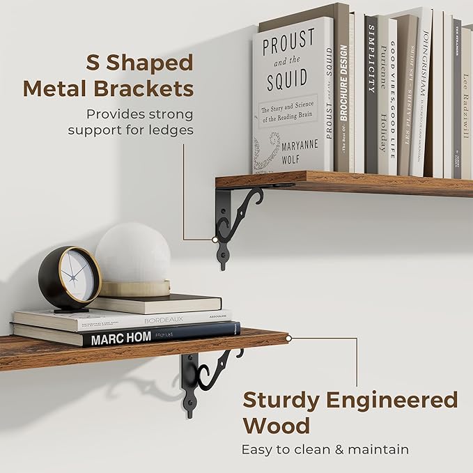 RICHFOCUS Floating Shelves for Wall Decor, 24Inch Shelves Set of 2, 24W x 8D Floating Shelves Wall Mounted with Metal Brackets, Rustic Wood Shelves for Living Room Bedroom Kitchen, Rustic Brown
