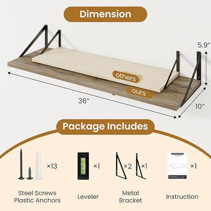 Deep Floating Shelves for Wall,36" Wx10 D Wood Wall Shelves with Metal Brackets,Hanging Storage Floating Shelf for Living Room,Bedroom,Bathroom,Office,Kitchen,Grey