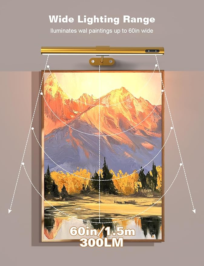 GOVSSING Picture Lights for Wall - 4000mAh Rechargeable Battery Wireless Picture Light with Remote, 3 Color Temps & Dimmable, 15.7” Rotatable Art Light, Memory & Timer Functions, Gold