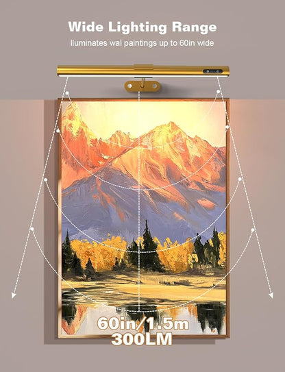 GOVSSING Picture Lights for Wall - 4000mAh Rechargeable Battery Wireless Picture Light with Remote, 3 Color Temps & Dimmable, 15.7” Rotatable Art Light, Memory & Timer Functions, Gold