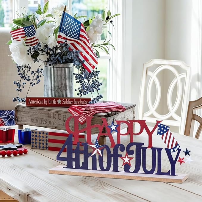 MEETYAMOR 4th of July Decorations, Metal Happy Fourth of July with Wooden Base, Patriotic Independence Day Decor for the Home, Memorial Day, Tiered Tray, Shelf, Table, Mantel