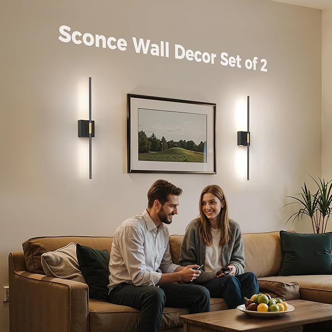 L LOHAS LED Battery Operated Wall Sconces Set of 2, Battery Wall Sconce 10000mAh, Gold and Black Rechargeable Sconces 6000K, 28.3 Inch Wireless Wall Lights, Sconce Wall Decor for Bedroom, Living Room