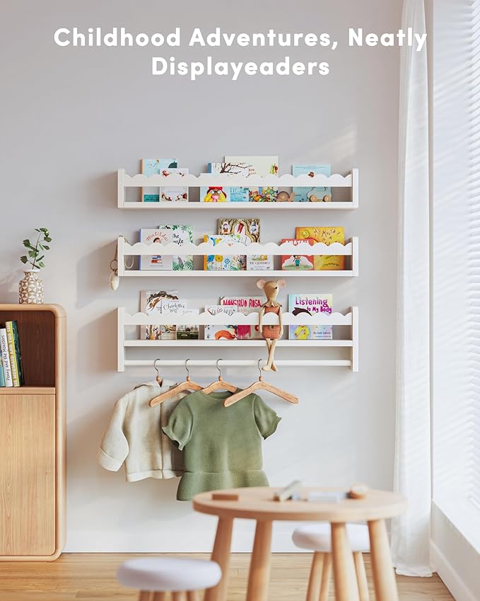 Nursery Book Shelves, Scalloped Shelves, Floating Book Shelves for Wall, Nursery Deocr for Baby, Toddler (White, 23 Inches)