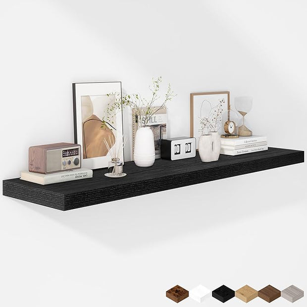Fun Memories Floating Shelves - 12 Inch Rustic Wooden Wall Shelves - Extra Deeper & Thicker Wall Mounted Storage Shelf for Living Room, Kitchen, Farmhouse - 48" W x 12" D x 1.8" H - Rustic Black