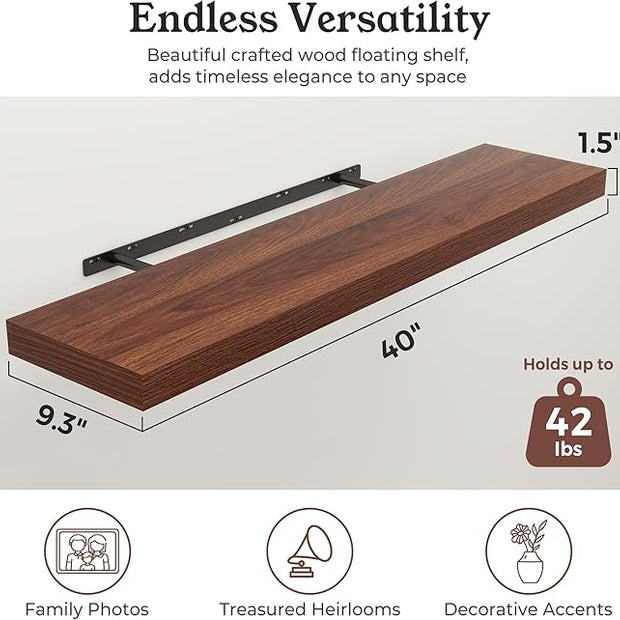 Floating Shelves for Wall, 9.3" Deep Wall Mounted Wood Shelves for Bathroom, Bedroom, Living Room, Kitchen, Hanging Shelf for Books/Storage/Room Decor (Walnut, 40")