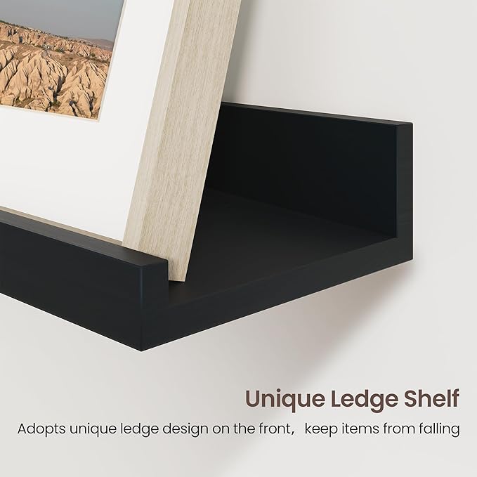 Axeman Picture Ledge Shelf | 16 Inch Black Floating Shelves Set of 3 | Rustic Wood Wall Shelves with Lip | 16