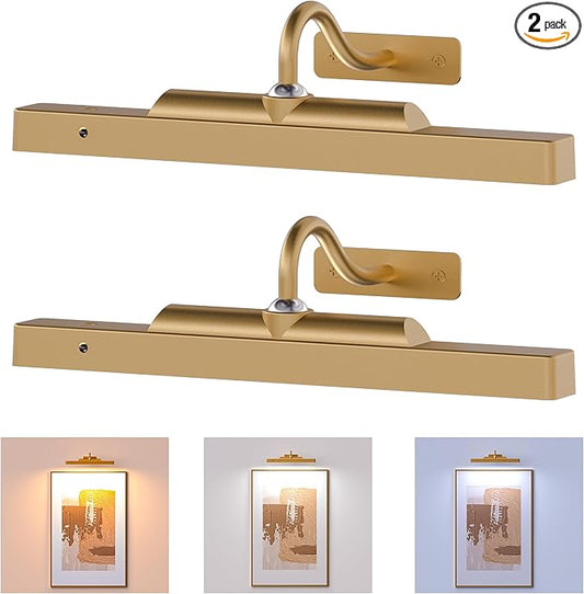 Gallery Picture Light for Wall, 4400mAh Brass Cordless Wireless LED Wall Sconce,Rechargeable Remote Dimmable Lighting for Modern Hallway Living Room Wall Decor(12 in, 2 Pack)