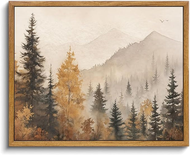 OIQArtOIQ Vintage Framed Wall Art Autumn Mountain Landscape Canvas Art Prints Fall Forest Rustic Farmhouse Pictures Wall Decor Modern Cottagecore Paintings Artwork For Bedroom Bathroom Living Room