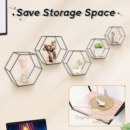 Wall Mounted Hexagonal Floating Shelves Black Set of 5 in Different Sizes, Modern Metal Shelf, Simple Wood Partition Storage Shelves, Decor Rack for Bedroom, Living Room, Kitchen and Office