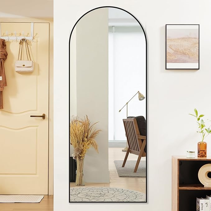 OLIXIS Arched Full Length Black Mirror 64"x 21.5" for Bedroom, Full Body Mirror with Stand, Hanging or Leaning for Wall, Aluminum Alloy Thin Frame Floor Standing for Living Room, Long