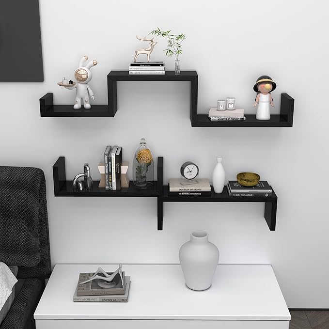 Black Floating Shelves for Wall Shelf for Bedroom, Waterproof Solid Wood Floating Shelves Bathroom，Small Relief Textures, Suitable for Bedroom, Living Rooms, Kitchens, Office, and Bathroom