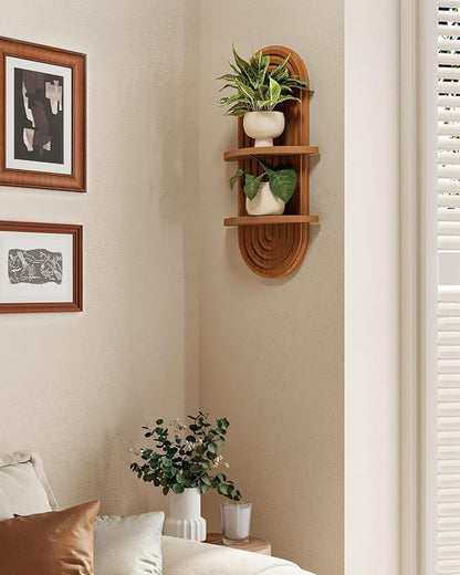 Bamworld Boho Wall Decor Brown Plant Wall Shelf Mid Century Modern Decor Hanging Plant Shelf 16.7in 2 Tier Wooden Floating Shelves for Home Bathroom Bedroom Living Room Office Holding Planter