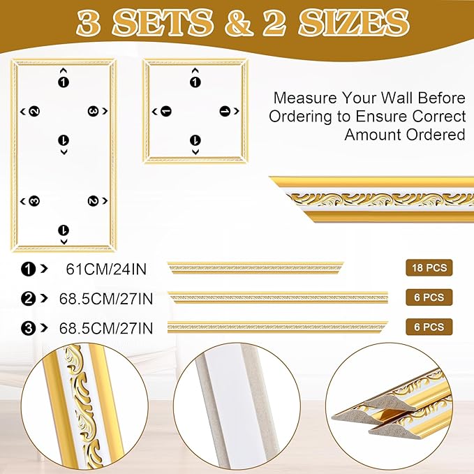 3 Set Gold White Peel and Stick Wall Molding Kit 6 Frame Premade Wainscoting Accent Panel Ready to Assemble 3D Wall Panels Trim for Interior Mirror Home Molding Decor, 54 x 24 Inch