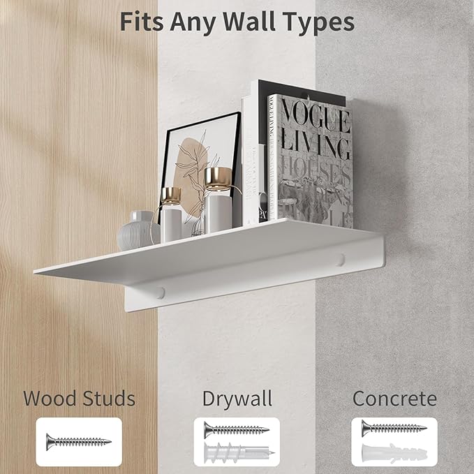 Danpoo White Floating Shelf for Wall Storage, Metal Wall Shelf for Living Room/Bathroom/Kitchen, Display Shelf for Collectibles, 16