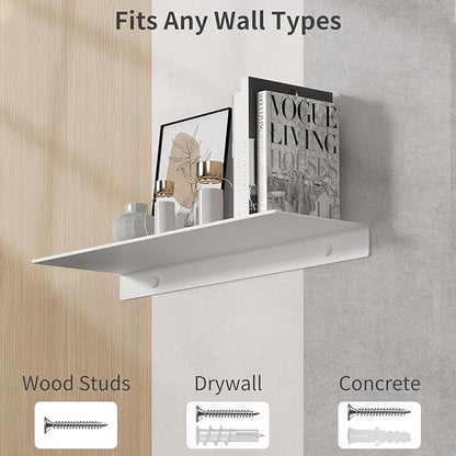 Danpoo White Floating Shelf for Wall Storage, Metal Wall Shelf for Living Room/Bathroom/Kitchen, Display Shelf for Collectibles, 16"