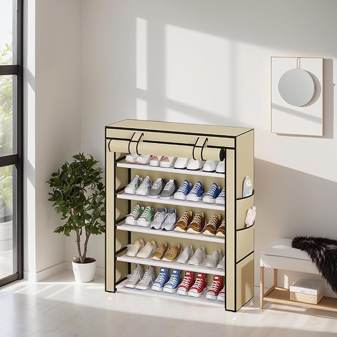 Laiensia 5-Tier Vertical Shoe Rack Organizer, Space Saving Shoe Storage Organizer, Non-Woven Cover Shoe Shelf Holds 20-25Pairs for Bedroom, Hallway, Closet Entryway, Beige