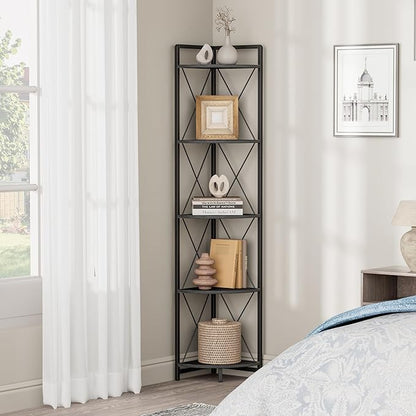 5 Tier Corner Shelf Stand, 64" H Tall Industrial Corner Bookshelf for Living Room Decor, Metal Corner Shelf, Plant Stand Display Shelf for Bedroom, Bathroom, Small Space, Black