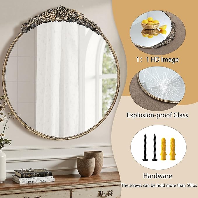 Growsun Round Wall Mirror with Vintage Black Floral Frame – 24 Inch Decorative Wall Mirror for Living Room, Bedroom, Entryway, Bathroom Vanity – Elegant Antique Accent Home Décor