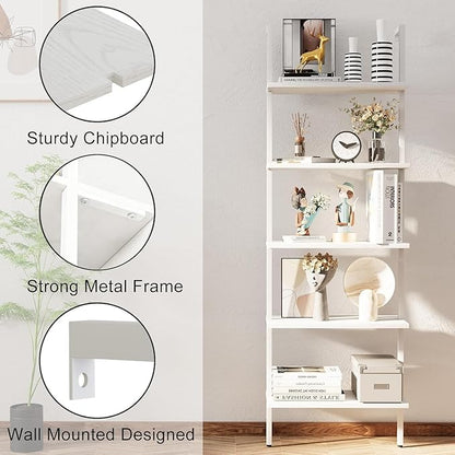 aboxoo Ladder Shelf 2 PCS White Bookshelf 5-Tier Wooden Open Shelf Wall-Mounted Wood Rack Industrial Modern Plant Flower Stand Utility Organizer Bookcase Metal Frame Furniture Office Kitchen Bedroom