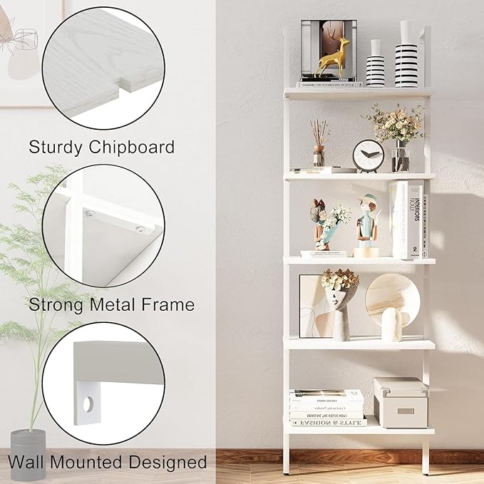 aboxoo Ladder Shelf White Wooden Bookshelf 5-Tier Wall-Mounted Open Wood Rack Industrial Modern Plant Flower Stand Utility Organizer Bookcase Metal Frame Furniture Office Kitchen Bedroom