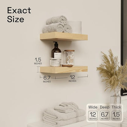 BAOBAB WORKSHOP Solid Wood Floating Shelves for Wall 12 Inch Wide, Small Wooden Shelf Bathroom, Light Oak Floating Shelves for Room Wall Mounted Kitchen Farmhouse, Natural Wood, 12W × 6.7D, Set of 2