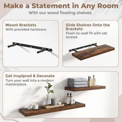 32 Inch Floating Shelves for Wall Set of 2, 8"D Wood Grain Bathroom Shelves with Invisible Brackets, Easy Install Engineered Wood Storage Shelves for Kitchen, Living Room, Bedroom, Rustic Brown Finish