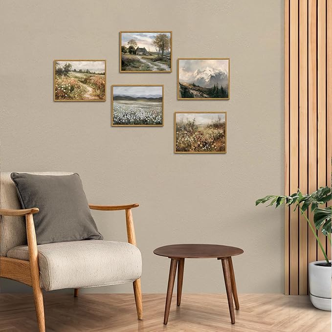 OIQArtOIQ Framed Vintage Landscape Wall Art Wildflowers Natural Scenery Oil Painting Canvas Prints Farmhouse Decor Floral Rustic Fall Pictures for Kitchen Bedroom Living Room Bathroom