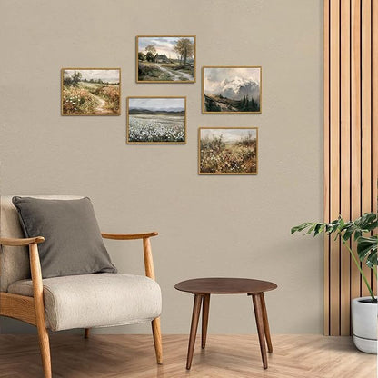 OIQArtOIQ Framed Vintage Landscape Wall Art Wildflowers Natural Scenery Oil Painting Canvas Prints Farmhouse Decor Floral Rustic Fall Pictures for Kitchen Bedroom Living Room Bathroom