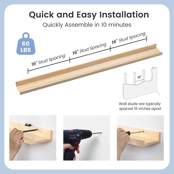 Picture Ledge Shelf, Floating Shelves Set of 2, Solid Ash Wood 56'' Long Large Nursery Book Shelves for Toys Storage, Kids Bookshelf for Living Room Bedroom Decor Books Photo Frames, Natural
