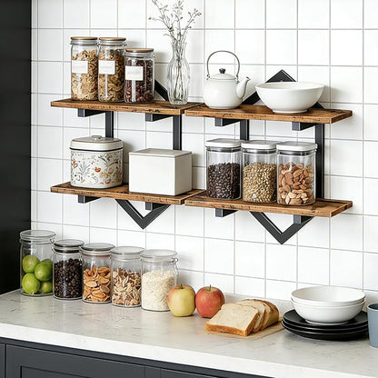 HOOBRO Floating Shelves, 15 Inch Wall Shelf Set of 2, Wall Mounted Storage Shelves 2-Tier, Hanging Bathroom Shelves, for Living Room, Bedroom, Bathroom, Kitchen, Rustic Brown and Black BF13BJP201