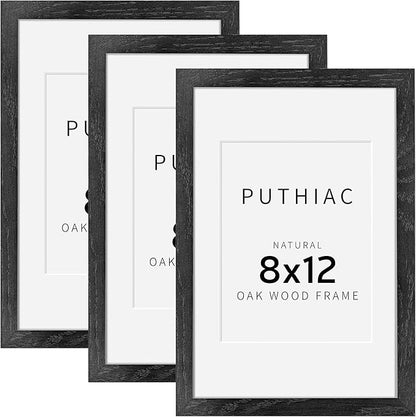 puthiac 8x12 Solid Oak Wood Picture Frame, Fits 6x8 with Mat or 8x12 Without Mat, Wall or Tabletop Display with Stand, Vertical or Horizontal, Plexi Front, 3 Pack, Black