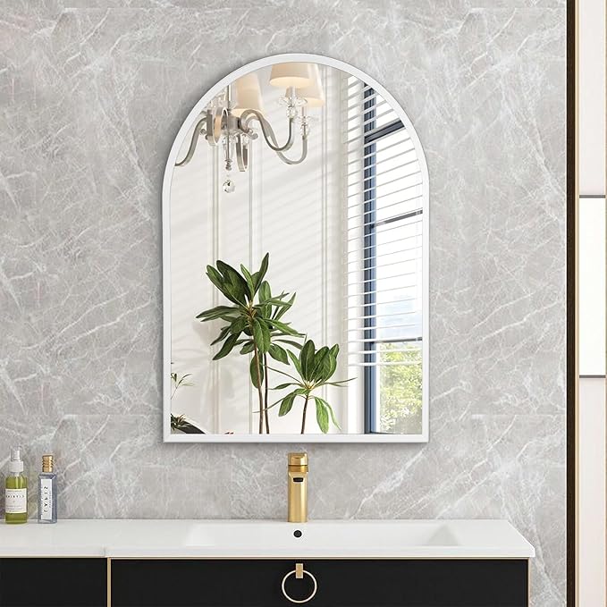 Arch Bathroom Mirror, Wall Mounted Mirrors, White Vanity Wall Mirror Metal Frame Home Decor for Bedroom, Entryway, Living Room 26"x18"