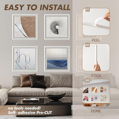 6 Sets Peel and Stick Wall Molding Kit, Premade Wainscoting Panels, Self Adhesive 3D Trim for Interior Walls Picture Frame(16"x16")