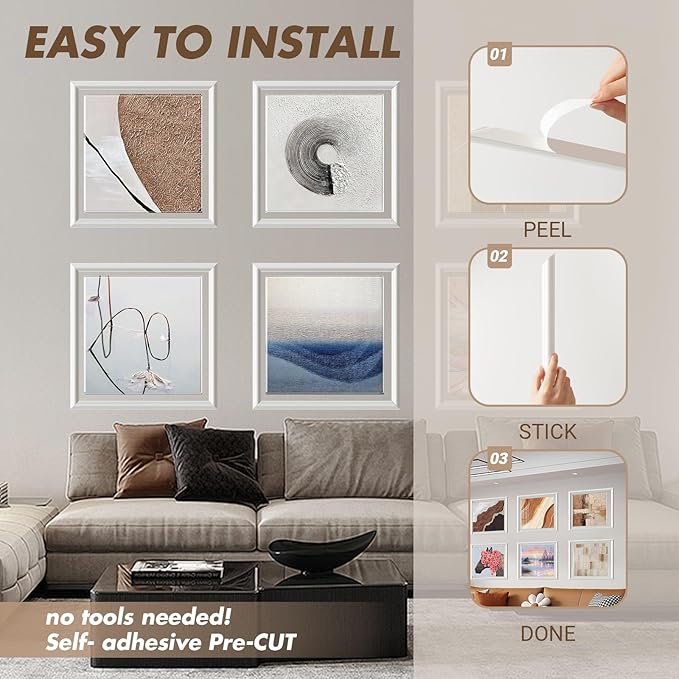 6 Sets Peel and Stick Wall Molding Kit, Premade Wainscoting Panels, Self Adhesive 3D Trim for Interior Walls Picture Frame(16