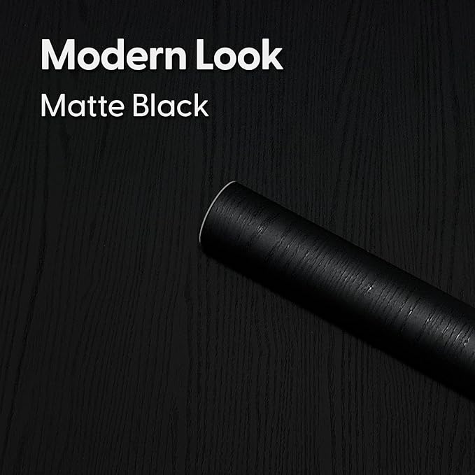 Matte Black Wood Grain Contact Paper 17.3" x 118" Thick Vinyl Removable Peel and Stick Self Adhesive Wallpaper for Kitchen Countertops Cabinets Furniture