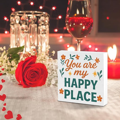 Valentines Desk Decor, Valentine's Day Home Office Table Sign for Wife Daughter from Dad Husband, Valentine Gifts Decorations for Porch Tiered Tray Shelf Party, You Are My Happy Place