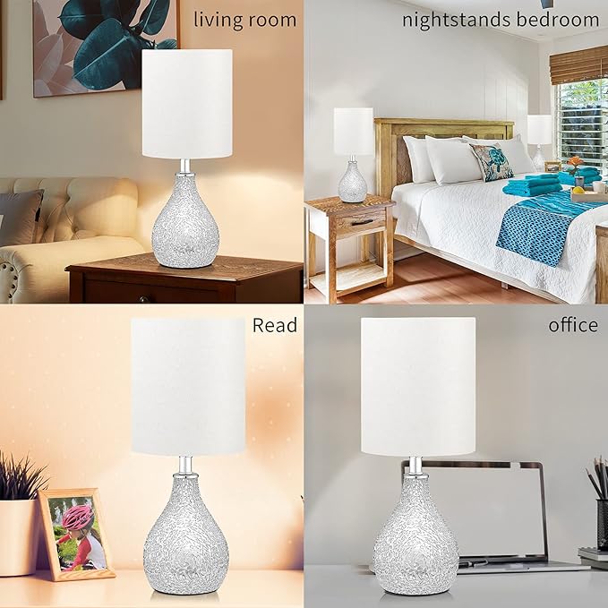 Modern Table Lamps Set of 2, Mirror Silver Gourd Design Mosaic Tiled Glass 17.5" Bedside Lamp, for Bedroom Living Room and Office Desk Nightstand Table Lamp