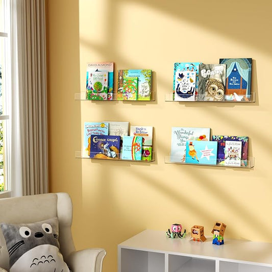 NIUBEE 24-Inch Acrylic Kids Floating Bookshelves, 2-Pack, Wall Mounted Clear Shelves for Kids' Growing Book Collections in Nurseries/Bedroom/Playrooms