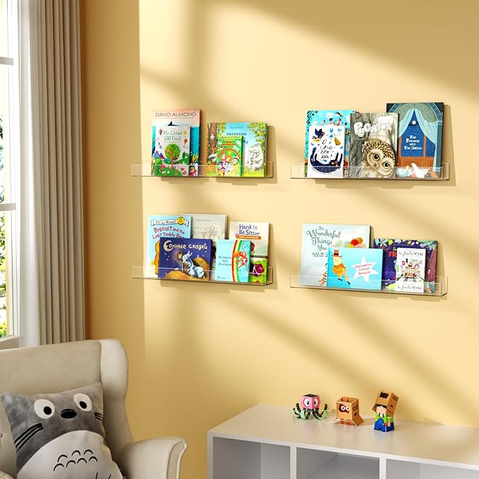 NIUBEE 24-Inch Acrylic Kids Floating Bookshelves, 2-Pack, Wall Mounted Clear Shelves for Kids' Growing Book Collections in Nurseries/Bedroom/Playrooms