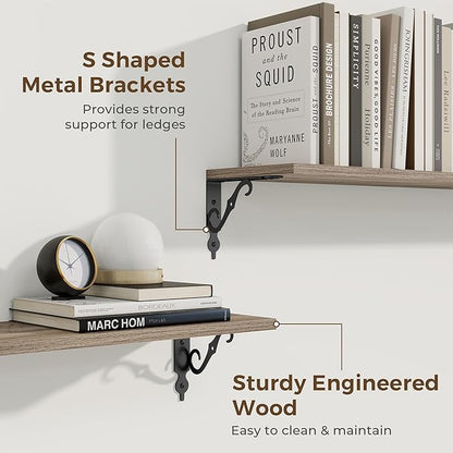 RICHFOCUS Floating Shelves for Wall Decor, 8 Inch Deep Shelves Set of 2, 16W x 8D Floating Shelves Wall Mounted with Metal Brackets, Rustic Wood Shelves for Living Room Bedroom Kitchen, Grey
