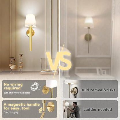 Battery Operated Wall Sconce, Wireless Wall Lamp Set of 2 RGB Dimmable Rechargeable Wall Lights with Bulbs and Remote, 12 Colors Gold Wall Sconces for Bedroom Nightstand Living Room Hallway