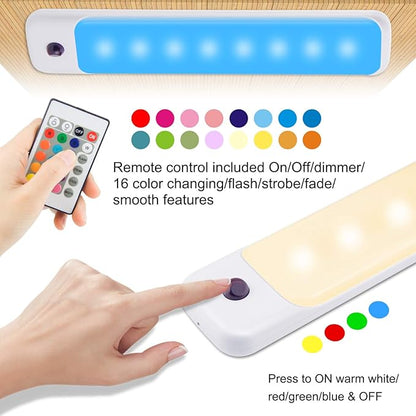 BIGMONAT Battery Operated Under Cabinet Lighting with Remote, Wireless Color Changing Under Counter Light, Stick on RGB Light Bar for Kitchen Bedside Shelf Closet TV Backlight Game