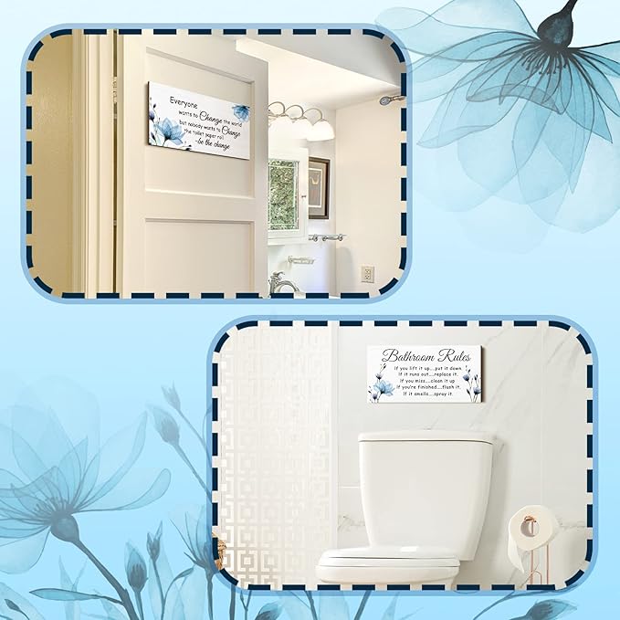 Jetec 2 Pieces Funny Bathroom Signs Bathroom Wall Decor Toilet Wall Accessories Farmhouse Toilet Rustic Wooden Signs, 12x6 Inch(Blue Floral)